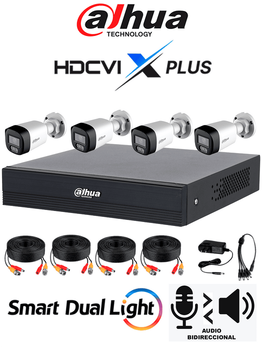 DAHUA DH-KIT/XVR1B04-I/T/4-HAC-HFW1200RLN-IL-T- Kit de 4 Canales Iluminador Dual 2 MP con Audio y DVR Cooper-I WizSense. Incluye 4 cámaras Iluminador dual 2 MP con micrófono integrado. Sistema de 4 canales más 1 IP y 4 SMD Plus. Incluye accesorios