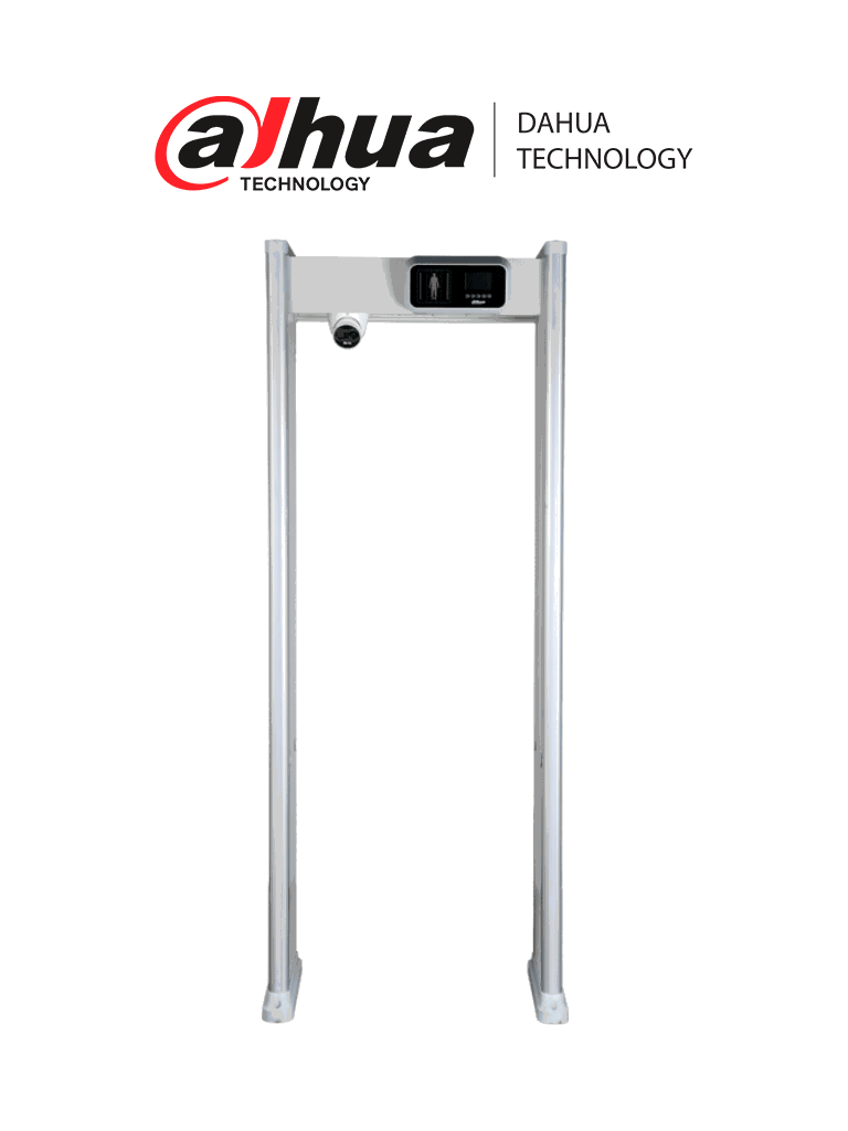 DAHUA DHI-ISC-D118-T - Arco detector de metales de 18 zonas con medición de temperatura y cámara térmica. Pantalla de 3.5", tecnología de sensor VOx sin enfriamiento, ajuste automático de frecuencia y 255 niveles de sensibilidad configurables.