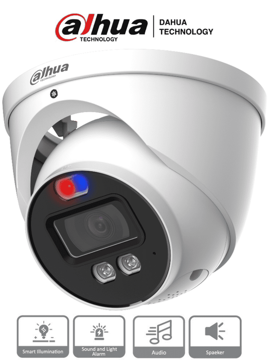 Dahua HAC-ME1239HN-A-PV - Cámara Domo TiOC de 2 Megapixeles/ Disuasion Activa Luz Roja y Azul/  Lente de 3.6 mm/ Super Adapt/ Microfono y Altavoz Integrados/ 40 Metros de Iluminación (IR y Cálida)/ Metalica/ IP67/