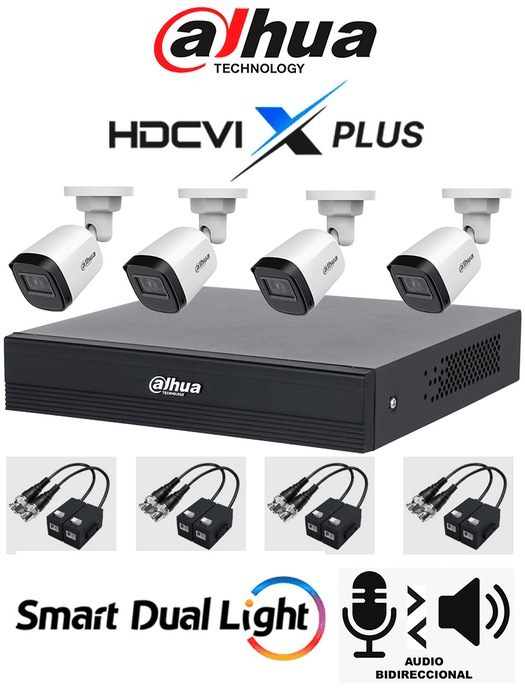 DAHUA DH-KIT/XVR1B04-I/T/4-B1A21N-U-0280B/Balun - Kit 4 Canales Cámaras B1A21N-U de 2 MP, DVR XVR1B04-I/T Soporta Audio Bidireccional, Lente 2.8mm, Visión de 93°. Soporta 4 Canales más 1 IP o 5 Canales IP, SMD Plus, Incl. Transceptores