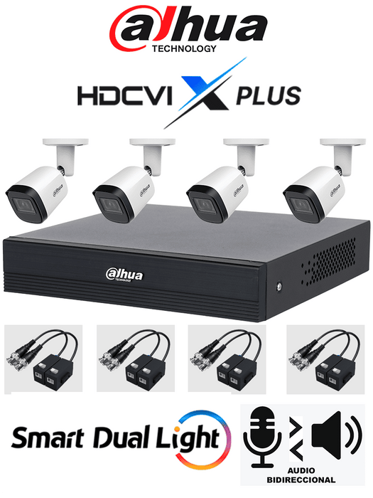 DAHUA DH-KIT/XVR1B04-I/T/4-B2A21N-U-0280B/Balun - Kit 4 Canales Cámaras B2A21N-U de 2 MP, DVR XVR1B04-I/T Soporta Audio Bidireccional, Lente 2.8mm, Visión de 93°. Soporta 4 Canales más 1 IP o 5 Canales IP, SMD Plus, Incl. Transceptores