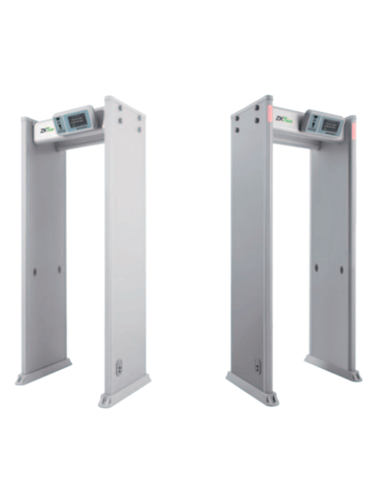 ZKTECO D4330 - Arco Detector de Metales con 33 zonas de detección, 300 niveles de sensibilidad, pantalla HD 7", indicadores LED en ambas vistas, control remoto y batería de respaldo incluida.