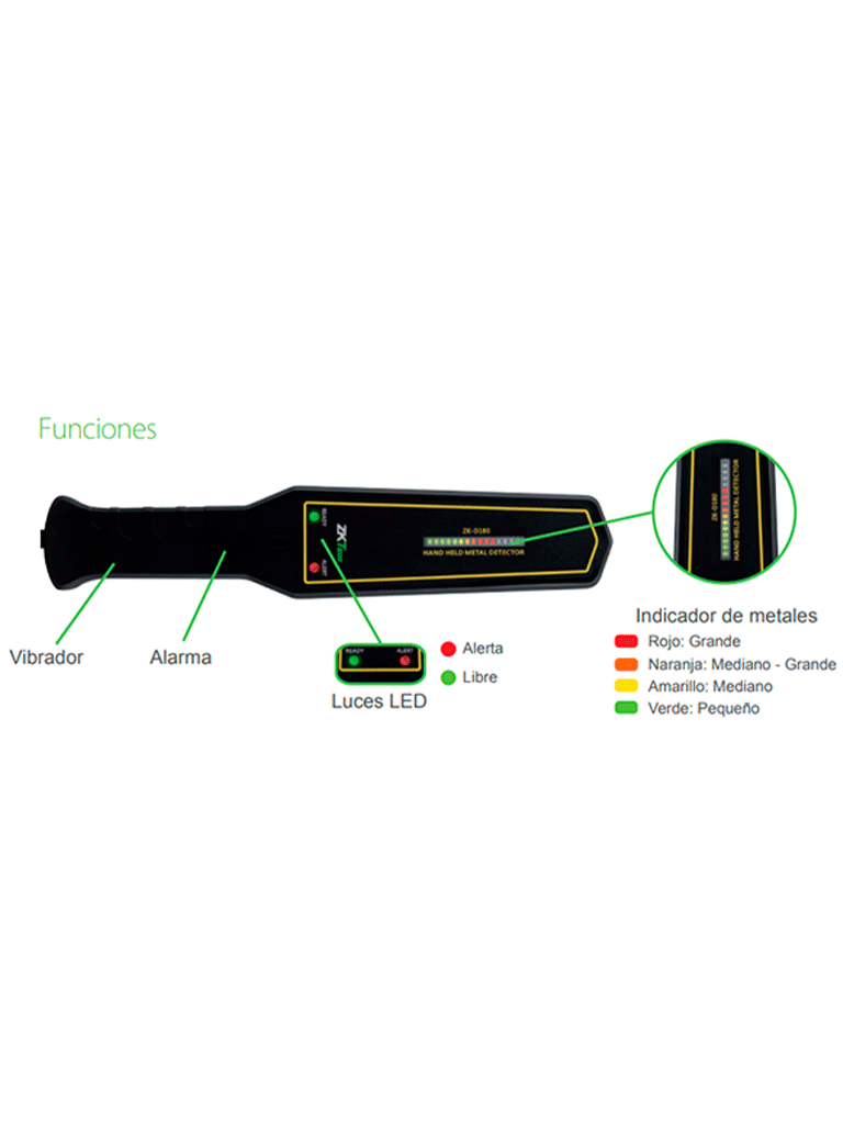 ZKTECO D180 - Detector de metales portátil con alta sensibilidad, indicador visual y alarmas sonora y de vibración. Su batería recargable de 9VDC proporciona hasta 40 horas de uso continuo, ideal para aplicaciones de seguridad eficientes y prolongadas.
