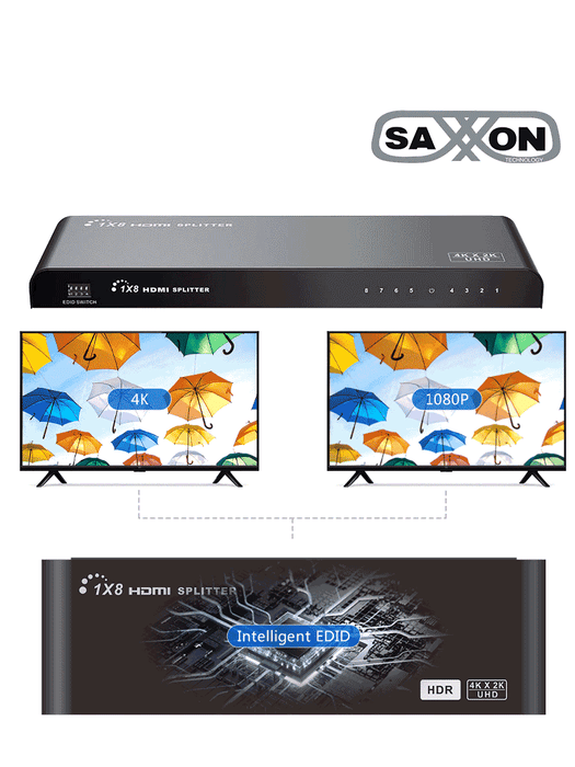 SAXXON LKV318HDR-V2.0 - Divisor de Video HDMI  de 1 Entrada y 8 Salidas/ Soporta Resolución Ultra HD 4K&2K @30 Hz/ Distancia  de 10 Metros en Entrada y Salida/ Switch EDID/