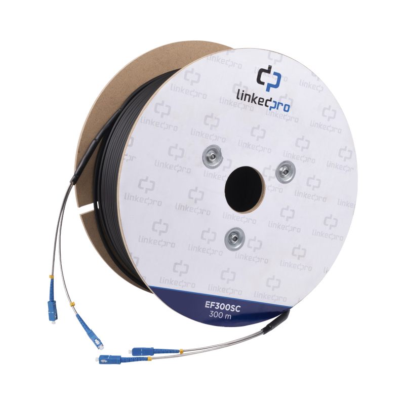 Carrete de Fibra Óptica Monomodo con Conectores SC-SC Duplex, Reforzada con Kevlar, de 300 metros, Para instalaciones subterráneas por tubería