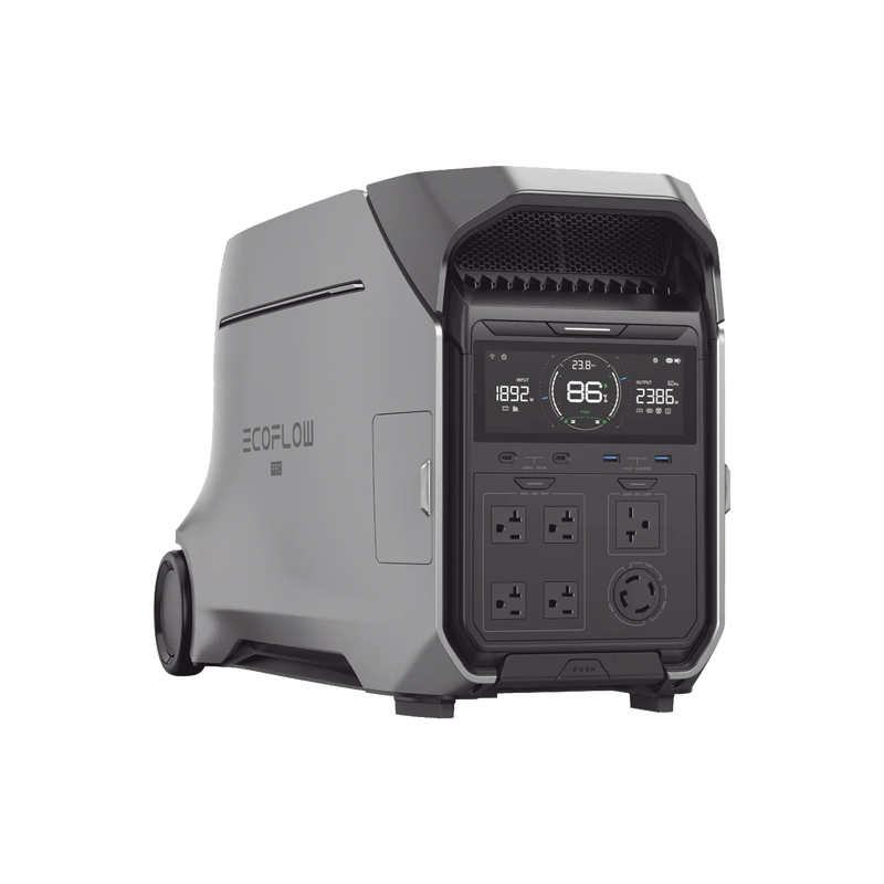 EFD521 Estación de Energía Portátil DELTA PRO3 / 4096Wh Litio LFP / 5 AC 4000W (8000W Pico) / 2 USB-C 100W / Capacidad para Aumentar Respaldo / Cargador de Coche 10A a 12.6V / Conectividad WiFi y Bluetooth (App) / Carga Solar 2600W Max. (2 P