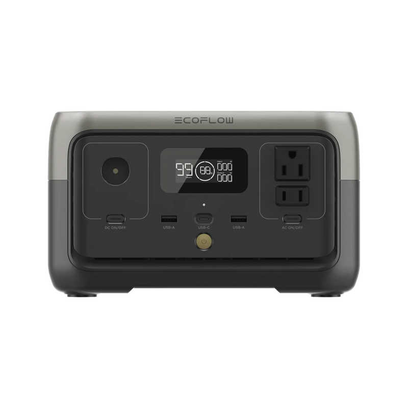 EFR600 EcoFlow River 2 | Estación de Energía Portátil 256Wh Litio LFP / 2 AC 300 W (Max. 600W) / 1 USB-C 60W / 2 USB -A 12W / Cargador de Coche 8A a 12 o 24V / Conectividad WiFi y Bluetooth (App) / Carga Solar 110W Max.
