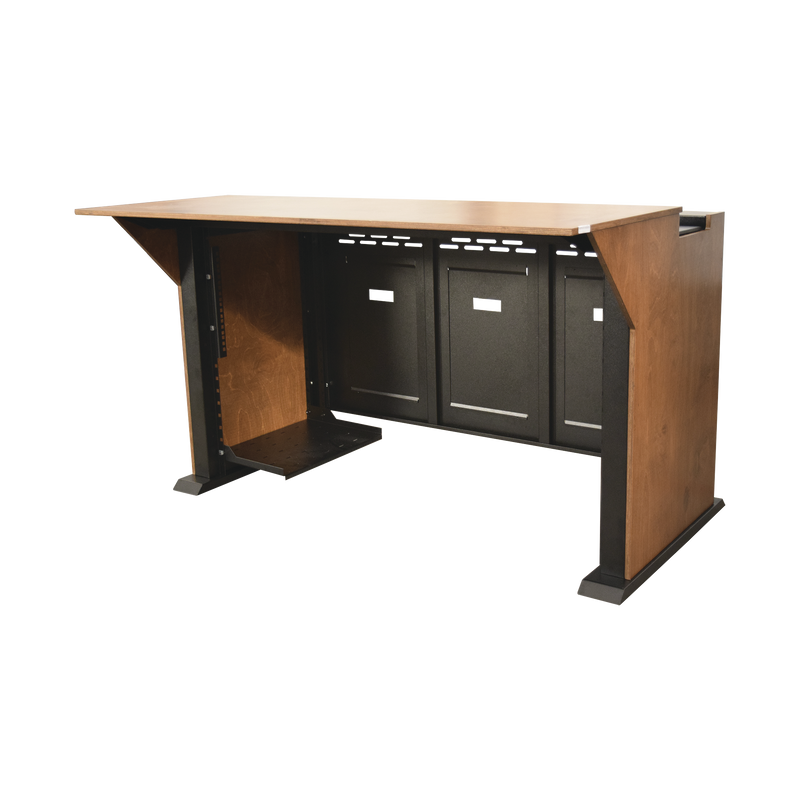Consola Profesional para Monitoreo | Con Porta PC | Con Tomacorriente | Tapas Removibles | Color Negro y Nogal con Veta | Lamina de Acero Rolado Calibre 18 | Pintura en Polvo Electrostática.