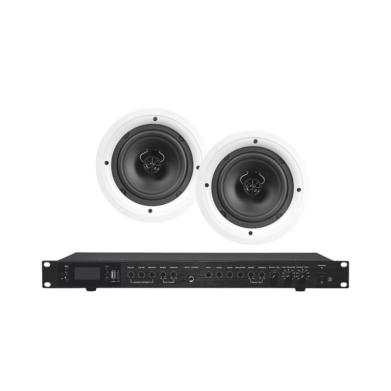 Amplificador de Audio con 2 Bocinas SP6 | 2 x 60W | Baja Impedancia 4 - 8? | Reproductor Bluetooth, USB, SD | Efectos Integrados Delay, Echo, Repeat