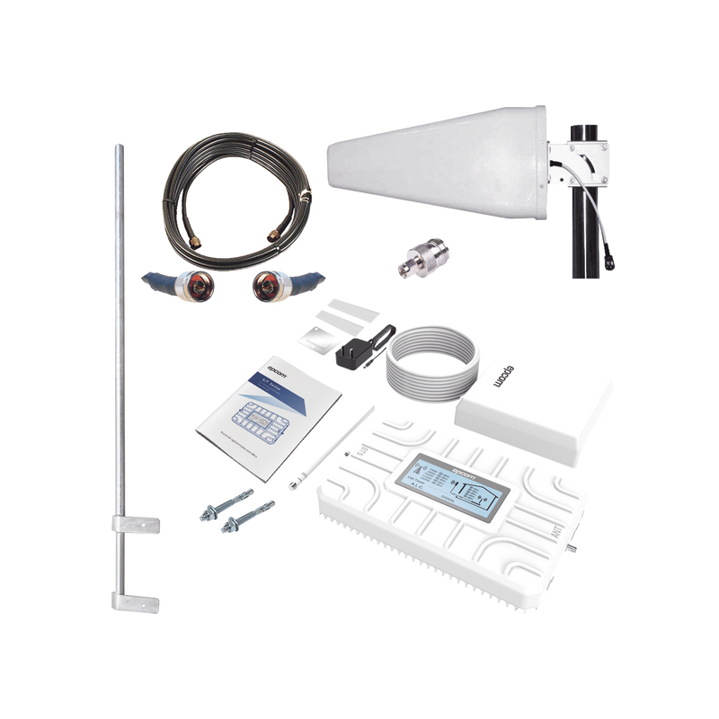 EP-5G-PBT-PLUS Kit PLUS de Amplificador de Señal Celular 5G / Penta Banda / Soporta 2G, 3G, 4G y 5G / Compatible con TELCEL, AT&T, MOVISTAR y OMV / Cobertura hasta 250 m2 / Incluye Antenas, Jumpers coaxiales y mástil.