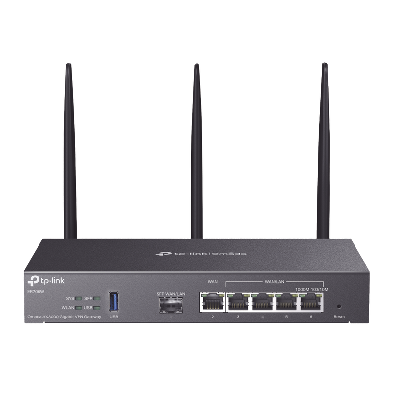 ER706W Router Omada VPN / SDN Multi-WAN Gigabit / 1 Puerto WAN SFP Gigabit / 1 Puerto WAN RJ45 Gigabit / 2 Puertos LAN RJ45 Gigabit / 2 Puertos Configurables LAN/WAN / 150,000 Sesiones Concurrentes / Administración Centralizada Omada o Stand-Alone