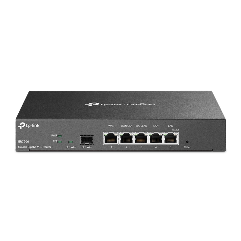 ER7206 Router Omada VPN / SDN Multi-WAN Gigabit / 1 Puerto WAN SFP Gigabit / 1 Puerto WAN RJ45 Gigabit / 2 Puertos LAN RJ45 Gigabit / 2 Puertos Configurables LAN/WAN / 150,000 Sesiones Concurrentes / Administración Centralizada Omada o Stand-Alone
