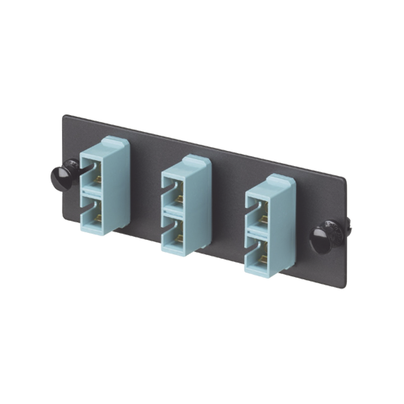 Placa Acopladora de Fibra Optica FAP, Con 3 Conectores SC Duplex (6 Fibras), Para Fibra Multimodo OM3/OM4, Color Aqua