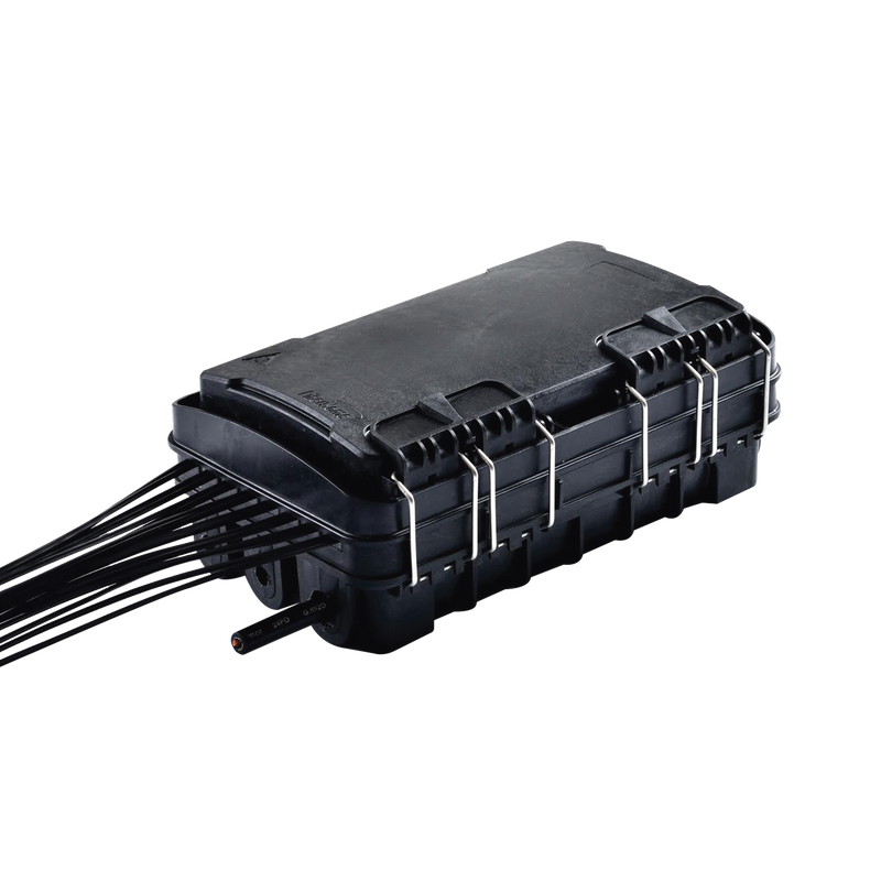 Caja de Distribución de Fibra Óptica para 24 Empalmes, con 16 acopladores SC/APC simplex, Exterior IP65, Color Negro