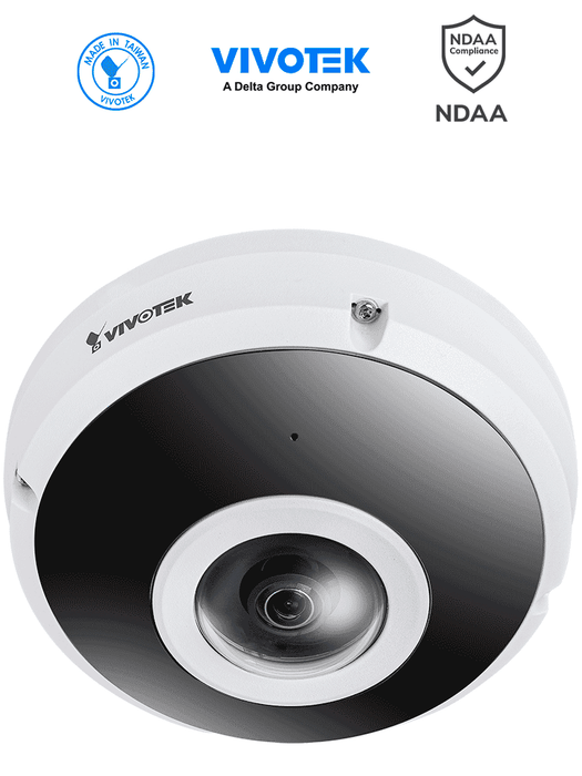 VIVOTEK FE9380-HV - Cámara IP fisheye exterior 5 MP, H.265, panorámica 360º, Smart IR 10m, WDR Pro, micrófono integrado, IP66/IK10, ciberseguridad Trend Micro, Smart Stream III, visión SNV, NDAA, ONVIF