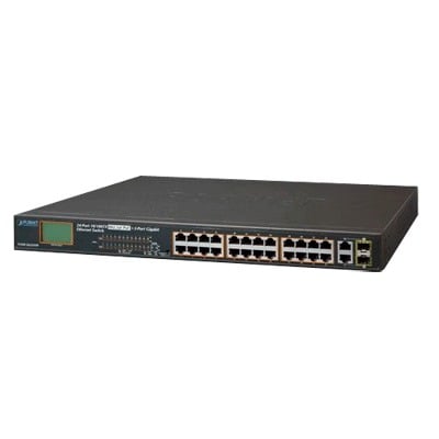 FGSW-2622VHP Switch No Administrable 24 Puertos PoE 10/100 802.3af/at, 2 Combo TP/SFP Gigabit y Pantalla LCD para Monitoreo y Configuración Básica de PoE, Hasta 300 Watts