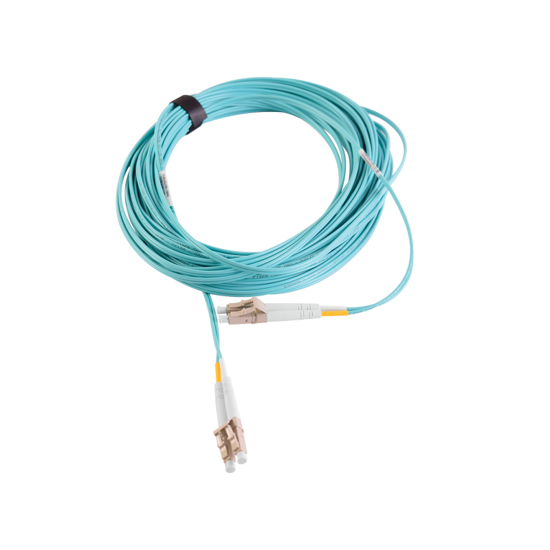 FJ2-LCLC5L-15AQ Jumper de Fibra Óptica Multimodo 50/125 XGLO OM3, LC-LC Duplex, OFNR, Color Aqua, 15 Metros
