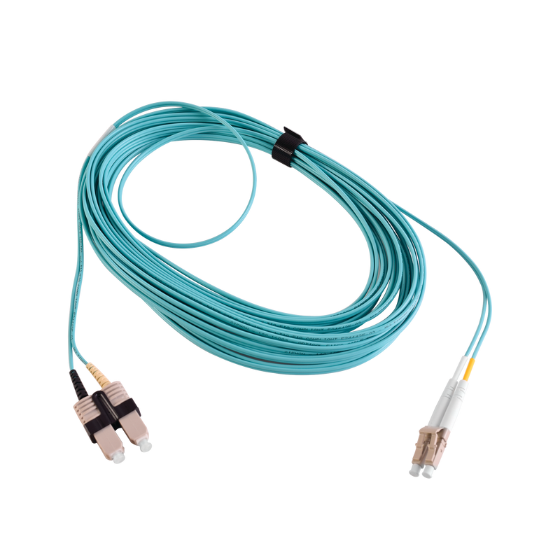 FJ2-LCSC5L-10AQ Jumper de Fibra Óptica Multimodo 50/125 XGLO OM3, LC-SC Duplex, OFNR, Color Aqua, 10 Metros