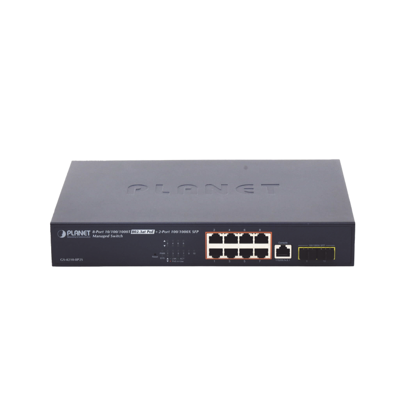 GS-4210-8P2S Switch Administrable Capa 2 de 8 Puertos PoE 802.3af/at Gigabit 140 W Max, 2 Puertos SFP, Modo Extendido Hasta 250 m.