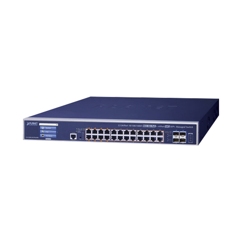 GS-5220-24UPL4XVR Switch Administrable Capa 3, 24 Puertos Gigabit 802.3bt, Hasta 600 W, 4 Puertos 10 G SFP+, Con Pantalla Táctil para Configuración Básica