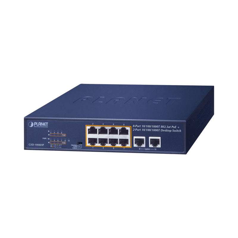 GSD-1008HP Switch de Escritorio No Administrable / 8 Puertos 10/100/1000T PoE+ 802.3at / 2 Puertos Uplink 10/100/1000T / Presupuesto PoE 120 Watts / Modos Estándar, VLAN y Extend / Distancia Extendida 250 mts / Rackeable