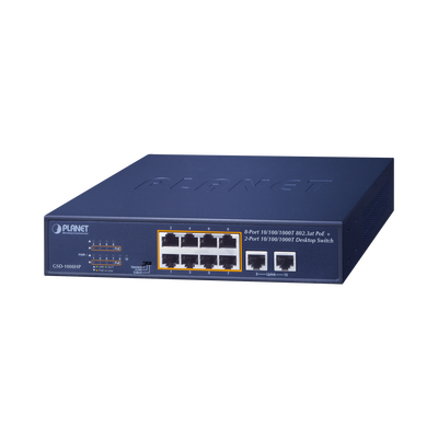 Switch de Escritorio No Administrable / 8 Puertos 10/100/1000T PoE+ 802.3at / 2 Puertos Uplink 10/100/1000T / Presupuesto PoE 120 Watts / Modos Estándar, VLAN y Extend / Distancia Extendida 250 mts / Rackeable - Toer