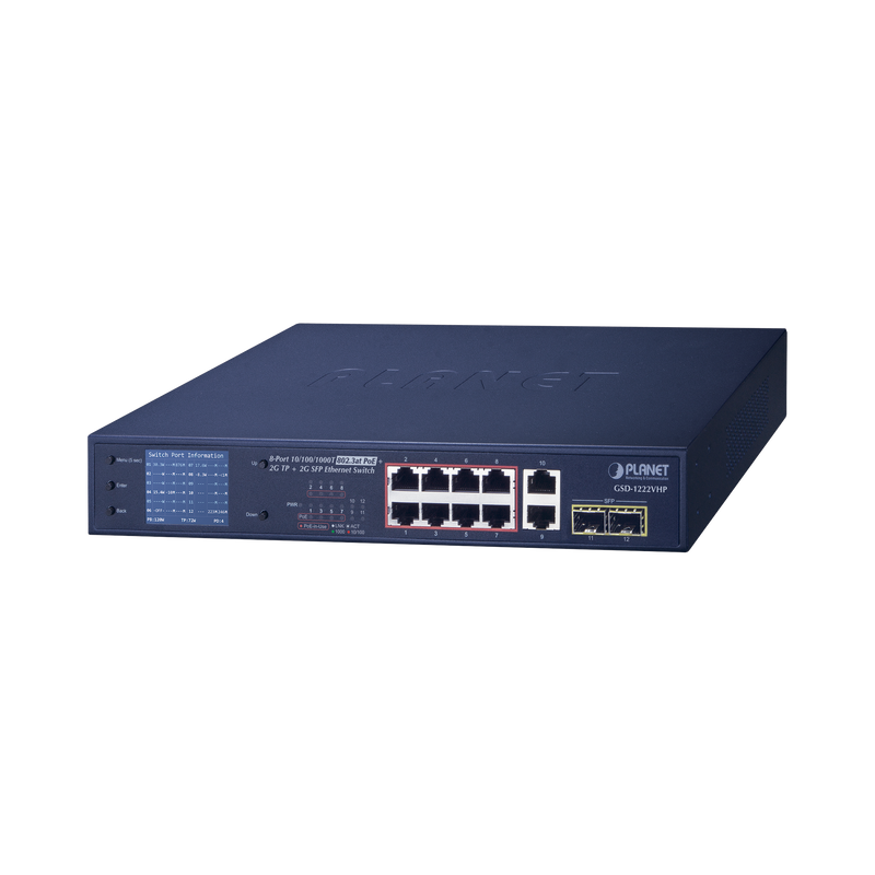 GSD-1222VHP Switch No Administrable 8 Puertos Gigabit con Modo Extender a 250 m,  2 Puertos Uplink 10/100/1000 Mbps, 2 Puertos SFP
