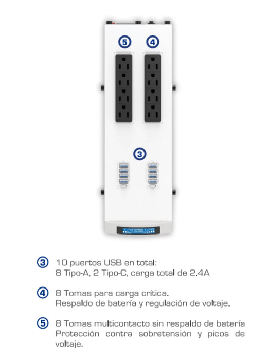 CDP GSMART1516 1500VA/900W UPS Smart, AVR 16 Salidas, Puerto de carga USB (8 USB-A y 2 USB-C), 210 joules, Luz RGB, LCD, 120 Vac