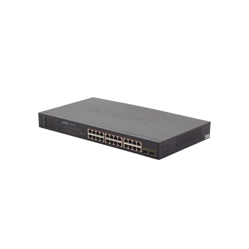 GSW-2620VHP Switch PoE de 24 Puertos Gigabit 802.3af/at con Modo Extendido 250 m, 2 Puertos SFP 1000SX , Pantalla LCD para Configuración Básica, Hasta 300 W para PoE