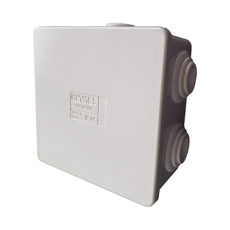 GW-44-003 Caja de derivación de PVC Autoextinguible con 6 entradas, tapa a presión, 80x80x40 MM (Medidas internas, mayor área permisible para el cable, Para instalación al exterior (IP44)