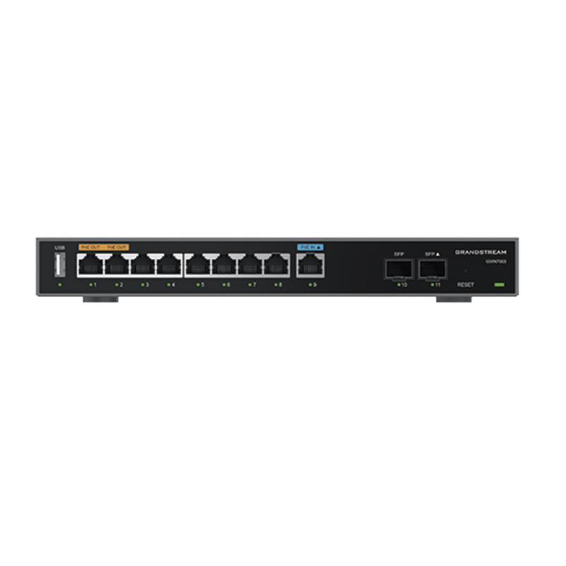 GWN7003 Router Gigabit VPN / Balanceador de cargas / 60,000 sesiones NAT /  9 puertos 10/100/1000 Mbps + 2 puertos SFP (WAN/LAN) / 1 puerto entrada PoE(af/at) / 2 puertos salida PoE (af/at) / Compatible con GWN Cloud.