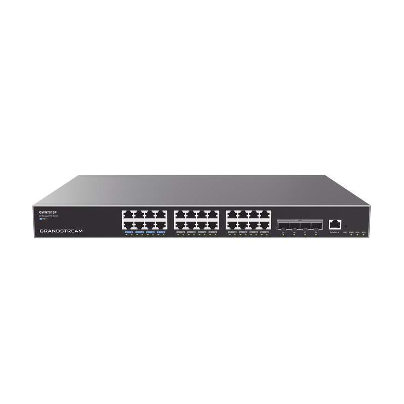 GWN7813P Switch Capa 3 PoE+ Administrable / 24 puertos 10/100/1000 Mbps + 4 Puertos SFP+ de 10 Gigabits / Hasta 360W / Compatible con GWN Cloud.