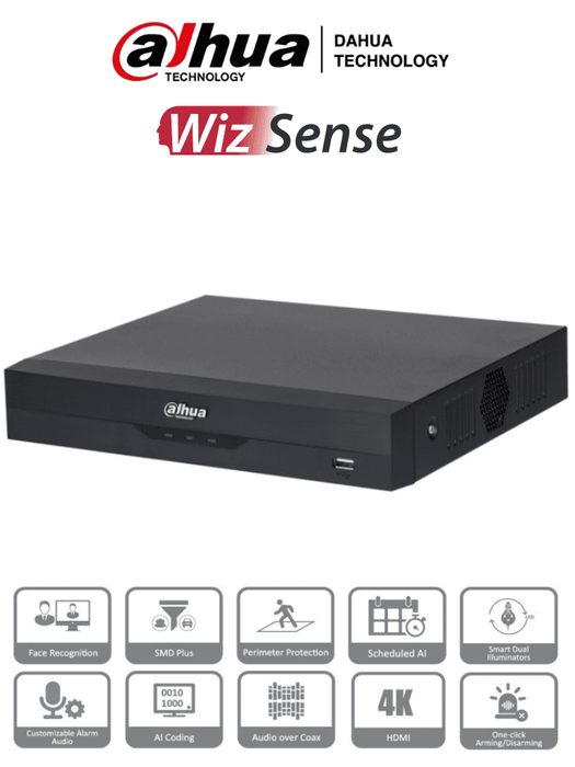 DAHUA XVR5104HS-4KL-I3 - DVR 4k de 4 Canales y 4 IP o hasta 8 IP. Equipado con WizSense, codificación H.265+, un canal para reconocimiento facial, protección perimetral y SDM Plus. Bahía SATA para HDD de hasta 10TB. Compatible con IoT y POS