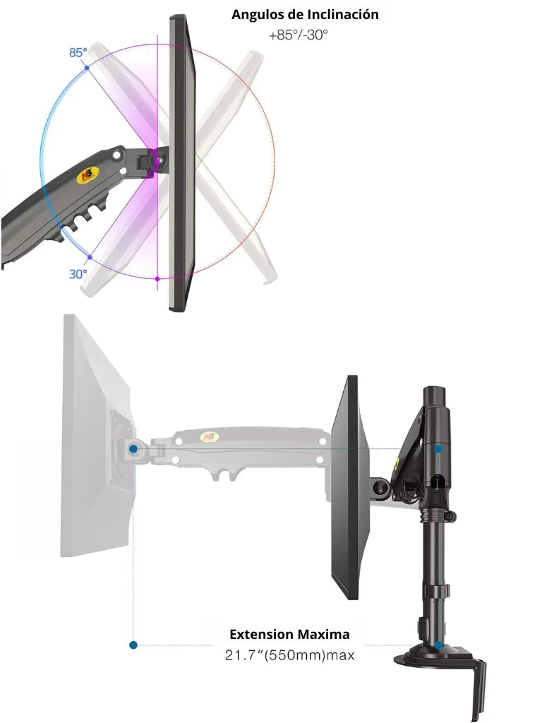 TCE H100 - Soporte de Escritorio para Pantallas de 22 a 35" , Carga Máxima 9 Kg , VESA 75x75mm / 100x100mm , Ajuste Inclinación y Rotación