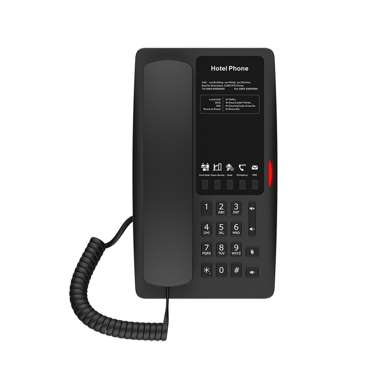 H4 Teléfono IP para Hotelería, Puerto USB-A para carga, 5 teclas programables para servicio rápido (Hotline), plantilla personalizable con PoE