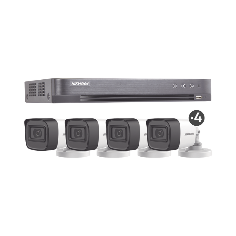 HIK5MPSLQ-KIT(B) (MICRÓFONO INTEGRADO) KIT TURBOHD 5 Megapixel / DVR 4 Canales / 4 Cámaras Bala con Micrófono Integrado (exterior 2.8 mm) / Fuente de Poder / Accesorios de Instalación
