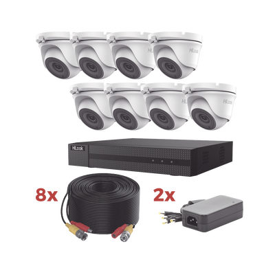Kit TurboHD / DVR 8 Canales 1080p Lite / 8 Cámaras turret 1080p metalicas / 8 cables de 20 metros / 2 fuentes de 4 canales