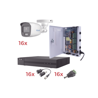 Kit TurboHD 1080p Lite / DVR 16 Canales / 16 Cámaras Bala Exterior ( 2.8mm) con ColorVu + Micrófono Integado / Transceptores / Conectores / Fuente de Poder Profesional - Toer