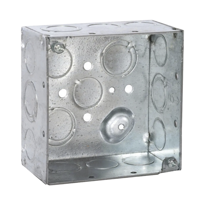 Caja Cuadrada Galvanizada  de 4 x 4, profundidad de 2 1/8. Cuenta con 10 KO de 1/2 y 6 TKO (1/2 - 3/4))