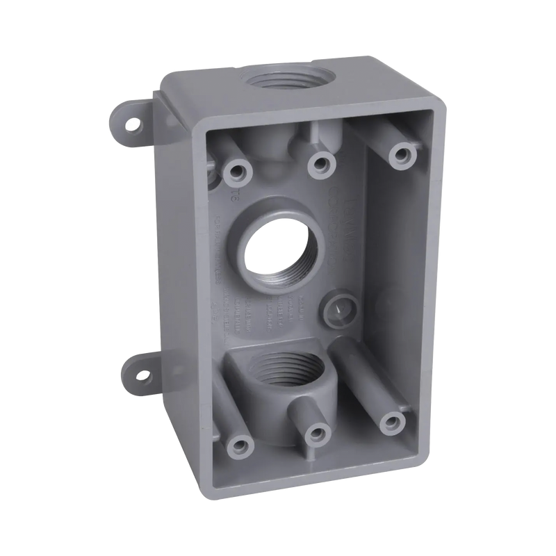 Caja Impermeable de 1 Gang / Profundidad de 2/ Cuenta con 3 Salidas roscadas para tubería de 1/2 ó 3/4/ Color Gris.