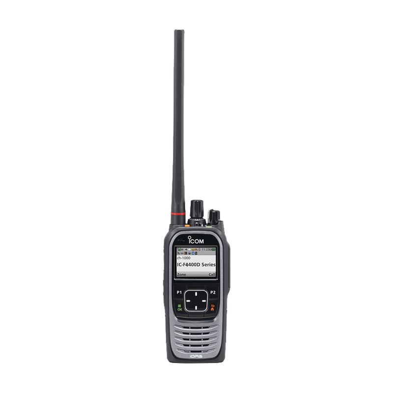 IC-F4400DS/11S Radio digital NXDN con pantalla a color en la banda de UHF, rango de frecuencia 380-470MHz, de 1024 canales, sumergible IP68, encriptación DES, GPS, bluethooth. no incluye cargador ni antena.