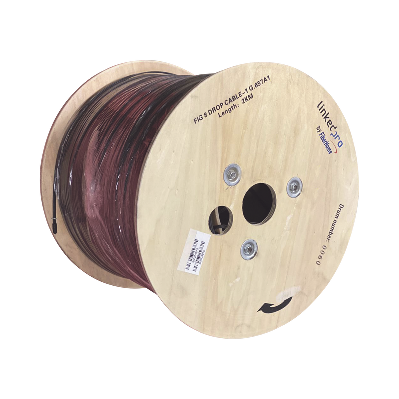 Carrete de 2 km de Fibra Óptica Aérea Mini Figura 8 G.657A1 tipo Drop, Monomodo de 1 Hilo (unifibra), Color Negro, Span 80