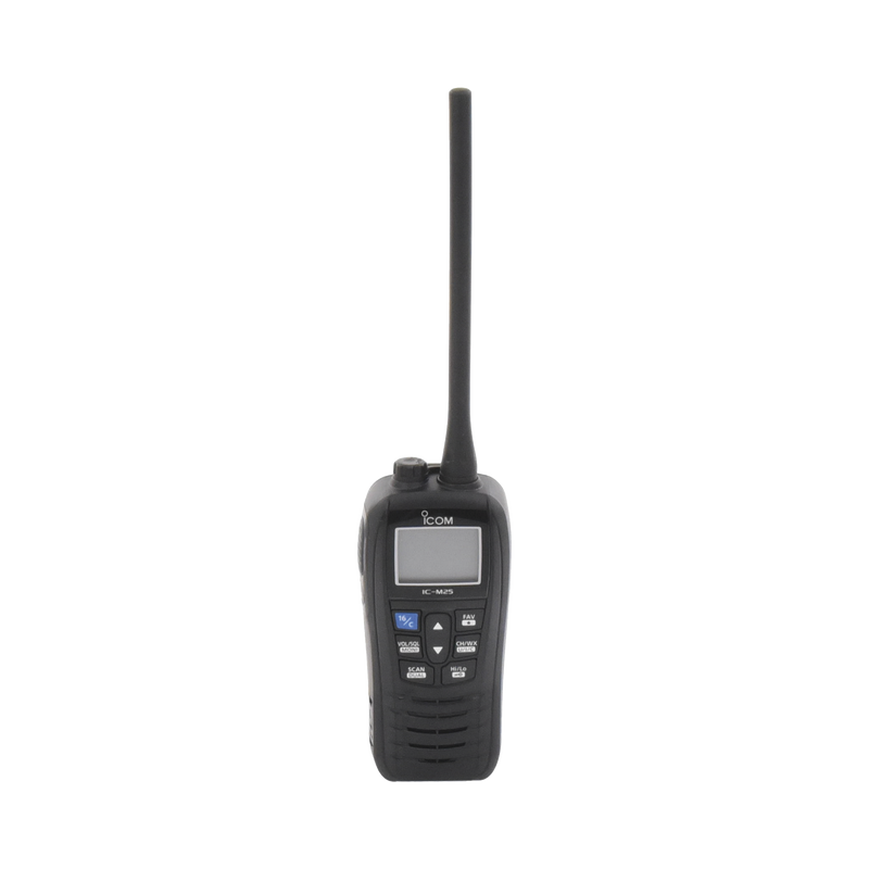 IC-M25BLK Radio portátil marino color negro, 5 W de potencia RF, 0.5 W de salida de audio, flotante, sumergible IPX7, Tx: 156.025-157.425MHz, Rx: 156.050-163.275MHz , incluye batería de 1500mAh, cargador, antena clip y correa de mano
