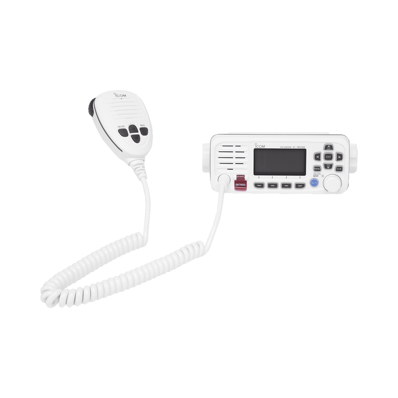 IC-M330W Radio móvil marino ICOM, color blanco, clase D DSC. Tx: 156.025 - 157.425 MHz, Rx: 156.050 - 163.275 MHz, 25W de potencia, sumergible IPX7 incluye micrófono y cable de alimentación