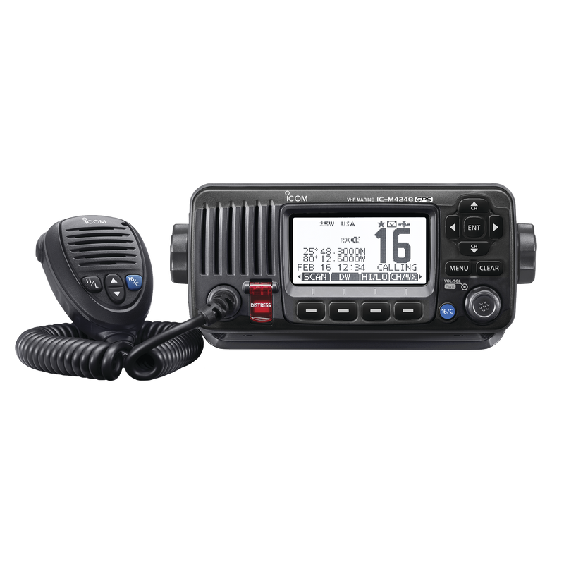 IC-M424G/41 Radio VHF Móvil Marino, Función de cancelación de ruido, GPS interconstruido, Salida de potencia de 10W, Bocina Manual, Elimina Residuos de Agua de la Bocina, IPX7 Sumergible, Color Negro.