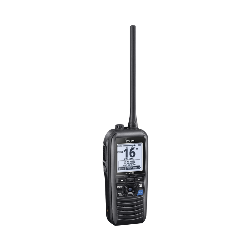 IC-M94D Radio portátil marino flotante con receptor AIS y GPS incluido, Tx: 156.025-157.425 MHz Rx: 156.050-163.275 MHz, opera en canales INT, USA, CAN, WX, Incluye antena, batería, cargador, cable de encendedor y clip.