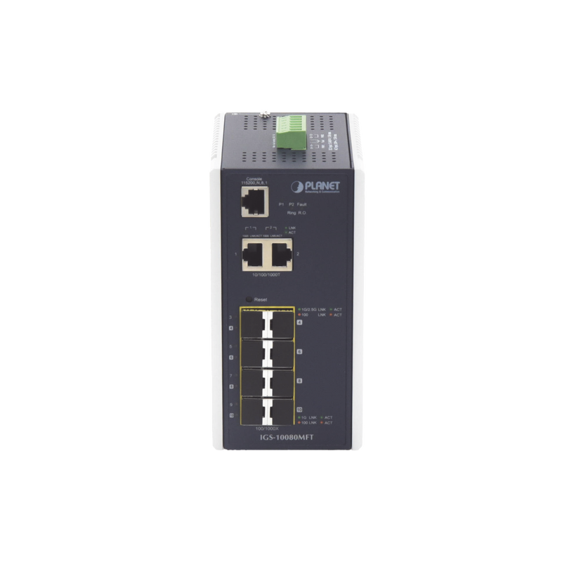 IGS-10080MFT Switch Industrial Administrable L2+, 8 Puertos 1G SFP, 2 Puertos TP Gigabit, (-40 ~75 grados C)