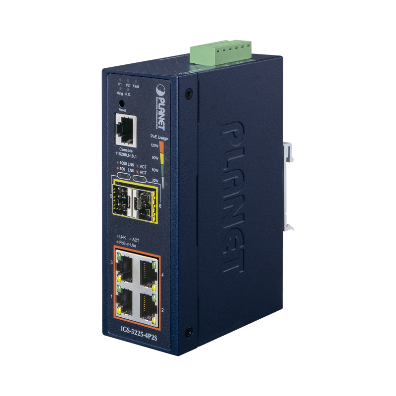IGS-5225-4P2S Switch Industrial Administrable Capa 2, 4 Puertos PoE 802.3af/at 10/100/1000T, 2 Puertos SFP 100/1000X