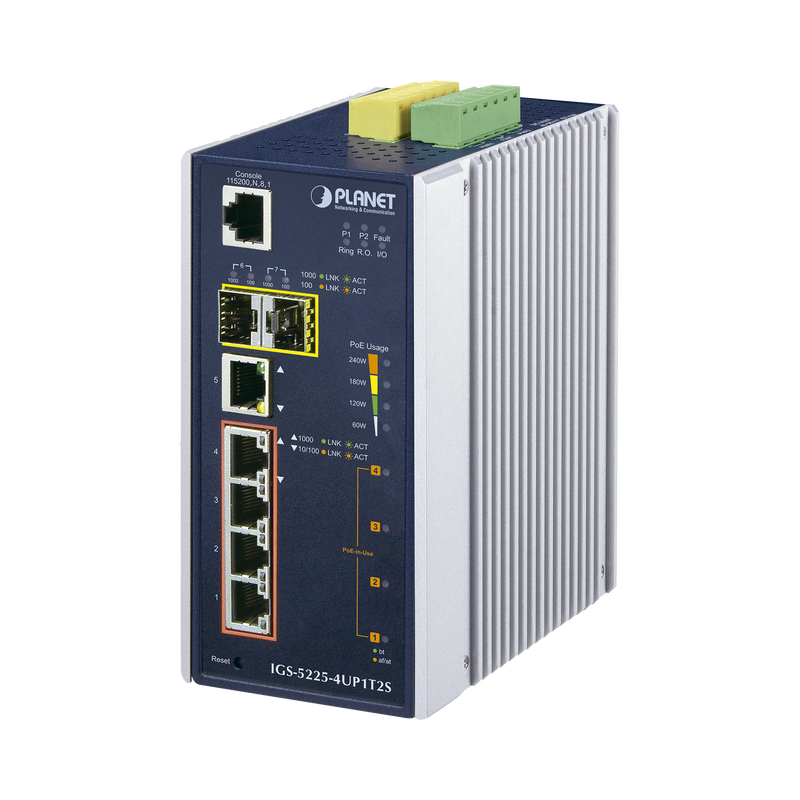 IGS-5225-4UP1T2S Switch Industrial Administrable 4 Puertos Gigabit c/Ultra PoE 802.3af/at, 2 Puertos SFP