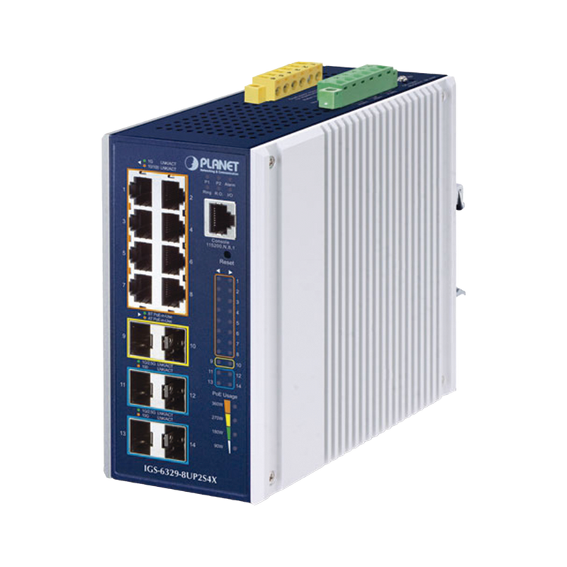 IGS-6329-8UP2S4X Switch Industrial Capa 3 de 8 Puertos 10/100/1000T PoE 802.3bt, 2 Puertos SFP 1 G/2.5 G, 4 Puertos SFP 10G, Instalación en Pared o Puerto DIN.